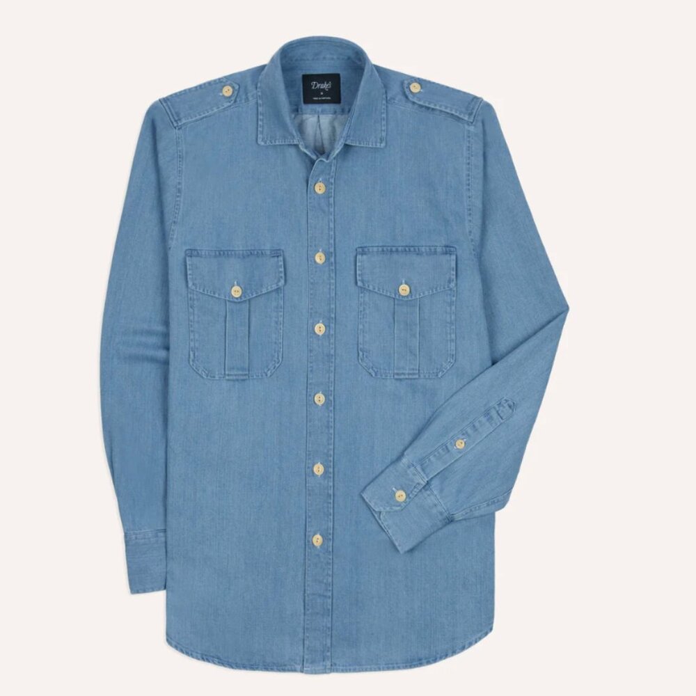 Drake's - Bleach Wash Denim Military Shirt - Size S